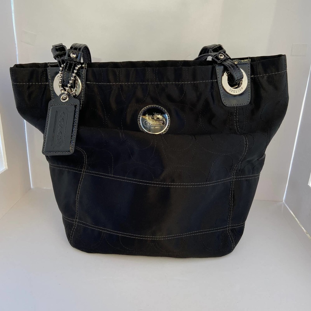 Coach Purse Hand Bag Tote Black Satin Beautiful Large